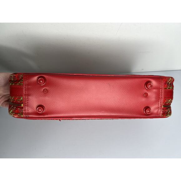 Vintage Suitcase Plaid Made in Japan Red Vinyl Pockets Zipper Retro Travel - Picture 7 of 16